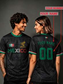 Mexico Style Customized Men's Soccer Jersey & Customizable Name & Number & Round Neck Lightweight Soccer Sports Top & Suitable For Soccer Matches, Training, Daily Wear, Gifts - Black - View 4