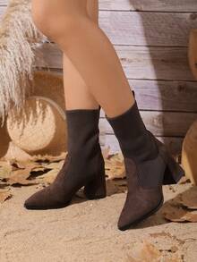 Women's Brown Pointed Toe Chunky Heel Knit Patchwork Sock Boots, Fashionable Elastic Slim Fit Boots For Vacation Season - Coffee Brown - View 7