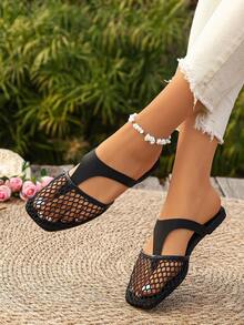 1 Pair Women's Summer Mesh Hollow Out Flat Sandals, Breathable Lightweight Roman Style Slides - Black - View 4
