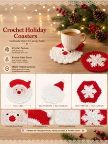 3pcs/Set Handmade Crochet Christmas Coasters Set, Santa Claus Snowflake Heat Resistant Non Slip Coffee Tea Cup Mats, Festive Holiday Table Decor For Home Kitchen Dining, Perfect Xmas Gift, Assorted Designs. Christmas Decrations, Room Decor - Multicolor - View 7