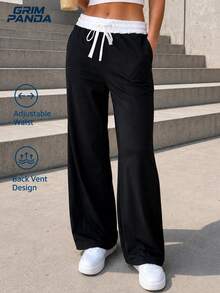 GRIM PANDA Women Fall Contrast White Waistband Wide Leg Pants Drawstring Elastic Waist Side Pockets Loose Fit Casual Daily Long Trousers For Sports - Black - View 5