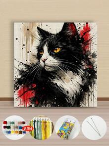 Frameless 11/14/16CT Printed Fabric Cross Stitch Kit, Polyester Material, Sleeping Cat Pattern, Suitable For Adult Beginners Relaxation DIY, Includes Printed Fabric, Embroidery Needles, Embroidery Floss, Chart And Instructions, Handmade Art Wall Decor Gift, 40x40cm/15.7x15.7in - A - View 4