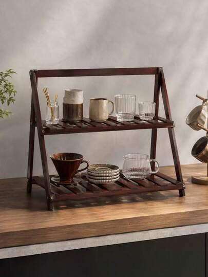 2‑Tier Foldable No‑Assembly Bamboo Cup Storage Rack, A‑Shape Countertop Mug Organizer, Wooden Display Stand For Coffee Mugs Glasses Teacups, Kitchen Counter Bar Table Desktop Storage Shelf For Home Coffee Station