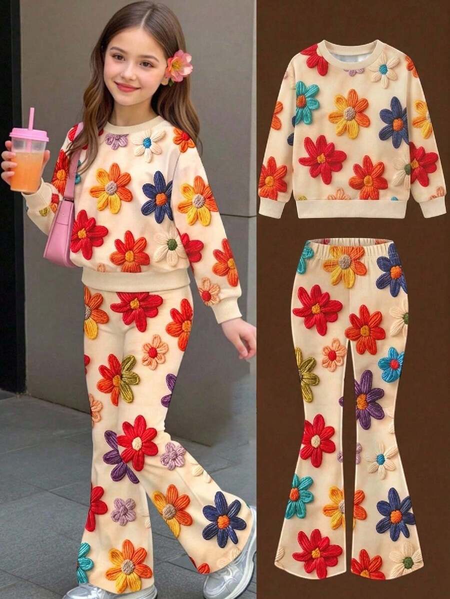 Tween Girl 3D Floral Pattern Decorated Crew Neck Sports Sweatshirt And Flare Pants Set - Khaki - View 1