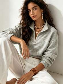 Adjustable Drawstring Hem Short Outdoor Top, Loose Fit Stand Collar Long Sleeve Sweatshirt - Grey - View 1