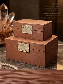 2pcs Large Capacity Vertical Water Ripple PU Leather Jewelry Box Set, With Embossed Gold Edge Rectangular Metal Plate, Beige Rectangular Luxury Jewelry Storage Organizer Box, Dressing Table Bedroom Decor Gift - Beige - View 13