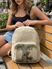 1 Piece Backpack, Women's Mini Backpack, Corduroy Girl School Bag, Travel Storage Bag, Character Printed Design, Large‑Capacity Foldable Easy‑To‑Store Bag, Lightweight & Pressure‑Relieving, Multi‑Pocket Layered Design With Zipper Closure - Reading Girl 3333410 - View 1