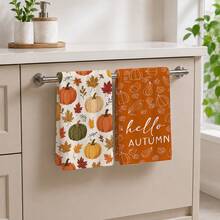 2/4/6pcs Autumn Printed Kitchen Towels, Watercolor Hand-Painted Style, Pumpkin & Maple Leaf Flat Pattern, Soft & Easy To Clean, Autumn Home Gift, Kitchen Accessories, Suitable For Autumn Kitchen Decor, Holiday Home Decoration, Baking, Cooking - Multicolor - View 3