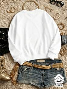 Women's Loose Fit Cherry Lips Print Crew Neck Sweatshirt, Breathable Street Style Pullover For Spring & Fall Daily Wear - White - View 10