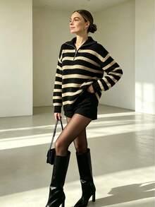 Chic Plus Size Black & Beige Striped Sweater With Zipper Collar, Plus Size Drop Shoulder Long Sleeve Pullover For Women - Black - View 2