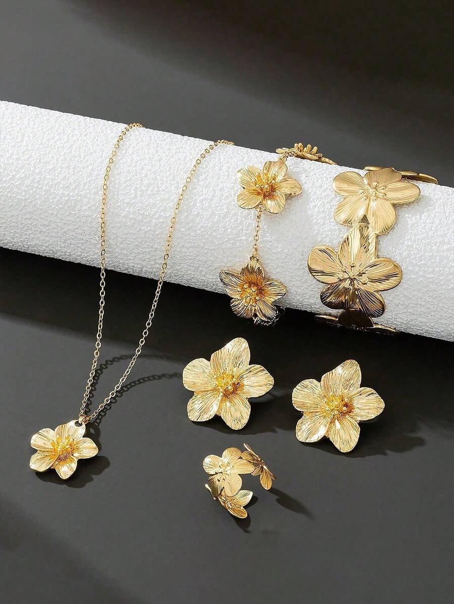 Juego de 6 piezas de joyería de flores de gran tamaño premium para mujer, esencial para todas las estaciones, color dorado de lujo, adecuado para diversas ocasiones - Dorado - Ver 1