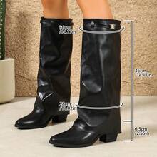 Women's Folded Knee High Boots, Pointed Toe Ruched Chunky Square Heel Long Boots, Wide Shaft Fashion Riding Boots, Vintage Autumn/Winter Tall Boots - Black - View 8