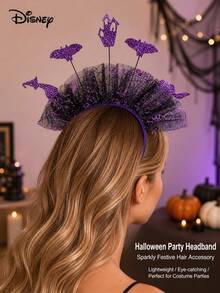 Disney Halloween Spooky Headband, Purple Spider Web Tulle Sequin Witch Hat, Bat & Haunted House Decor, Party Costume Hair Accessory - A - View 5