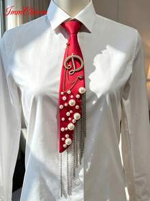 ImmCharm Men's & Women's Fashion Personalized Neckties, 26 Alphabet Letter Ties With Gemstone Accents, Fashion Chain Tassel Bow Ties, Accessories For Casual, Outdoor, School Uniform, JK Workwear, Cosplay, Christmas, Halloween, Gift Choice - Red - View 6