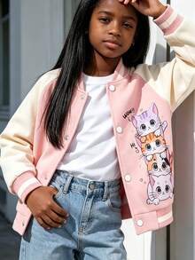 Girls' Fun Heart Cat Pattern Cartoon Print Cardigan Jacket, Button Design, Comfortable Fabric, Children's Casual Outdoor Daily Outerwear - Pink - View 2