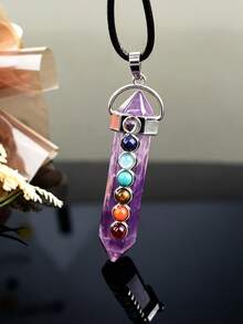 Natural Crystal Double-Pointed Pillar 7 Chakra Colorful Stone Pendant Necklace, Vintage Raw Stone Spiritual Jewelry Accessory - 7 Chakra Double Point Pendant - View 17