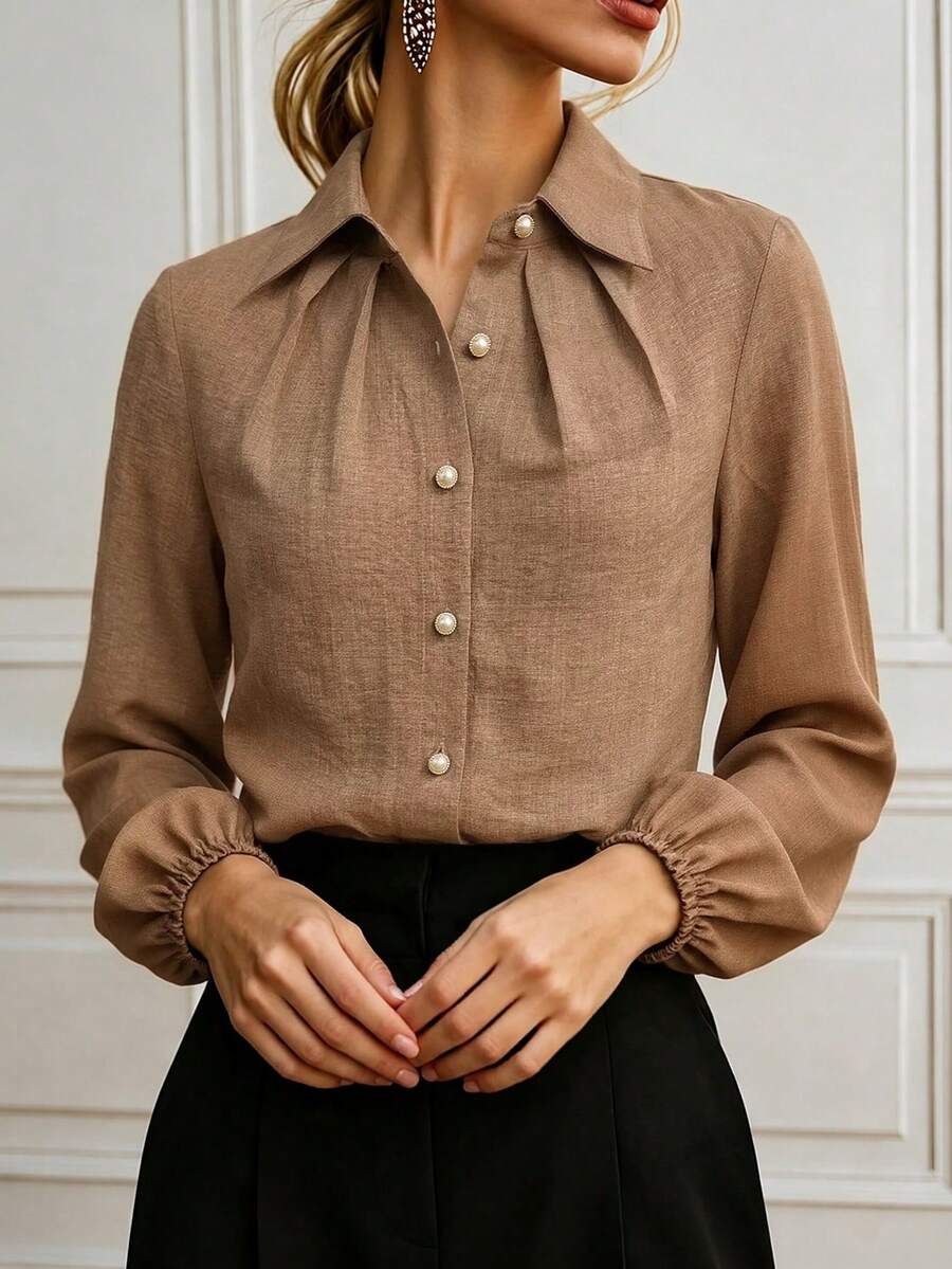 Women's Long Sleeve Collared Blouse, Ruched Cut Flattering Shoulder And Neckline, Elegant Casual Versatile, Suitable For Commute, Party And Daily Wear - Brown - View 1