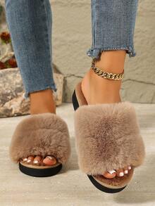 Korean Style Minimalist Fluffy Open Toe Slippers Flat Non-Slip Thick Sole One-Strap Fuzzy Slides - Khaki - View 4
