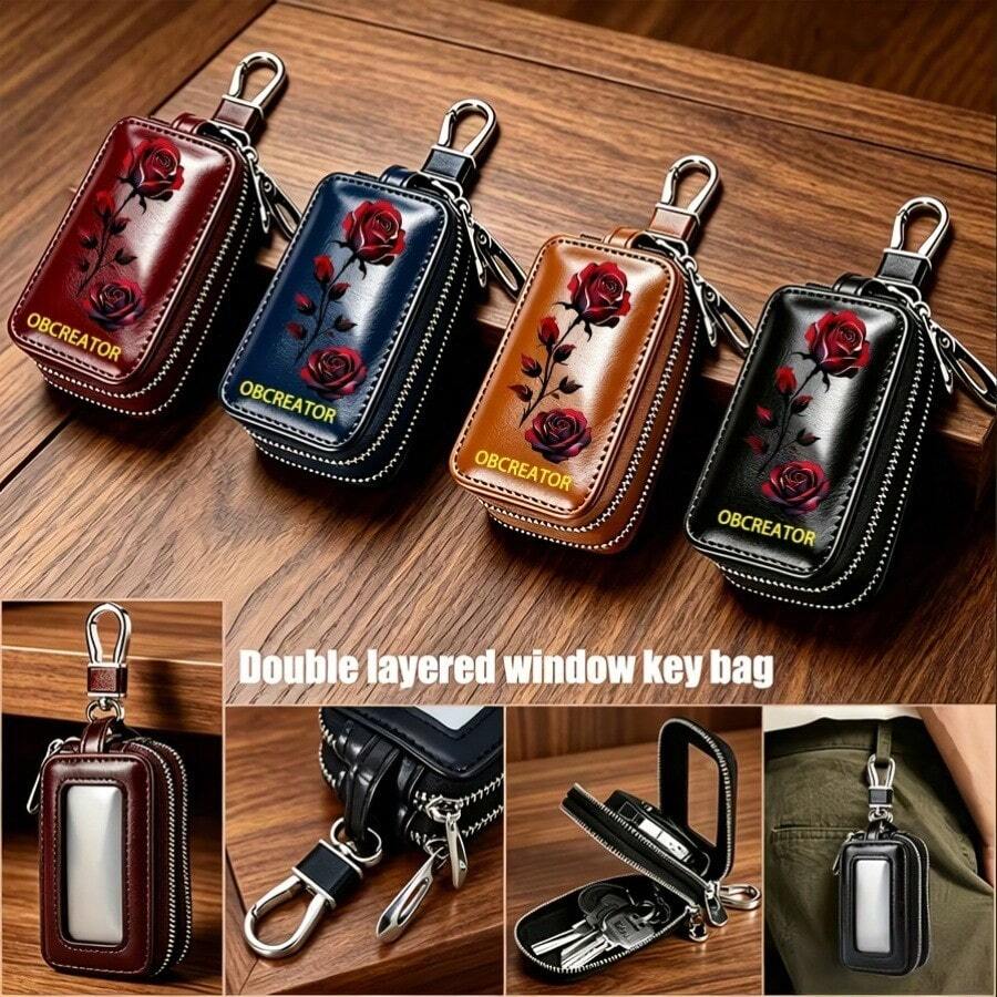 Rose Pattern Car Keychain With Zipper, Large Capacity Double-Layer Waist Hanging Design, Suitable For Keys And Keychains, 2D Printing Of Car Keychains - Multicolor - View 1