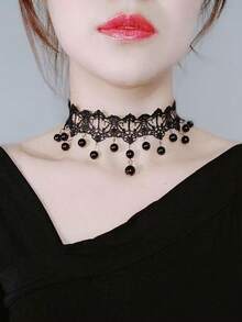 Lace Choker Necklace, Ins Gothic Dark Style Ruffled Cross Vintage Collar - Multicolor - View 9