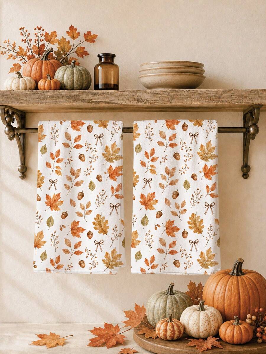 2pcs Minimalist Autumn Fallen Leaves & Maple Fruit Pattern Kitchen Towels, Soft Polyester Dish Cloths, Suitable For Kitchen Decor, Kitchen Cleaning, Holiday Party Decoration, Kitchen & Bathroom Supplies, Home Essentials, Home Decor, Housewarming Gift - Multicolor - View 1