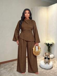 BIUBIU Fall Business Casual Plus Size Women Curve 2 Pieces Set Brown Asymmetrical Ruched Top And Wide Leg Non-Stretch Pants For Office Or Going Out - Brown - View 6