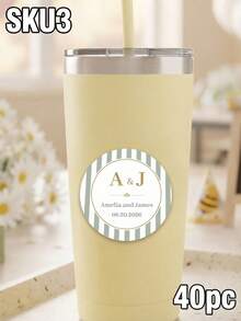 8/20/40pc Personalized Custom Monogram Wedding Stickers, Custom Names Date Round Sealing Labels, Green Stripe Floral Pattern, Wedding Favor Souvenir Gift, For Bride Groom Wedding Guests, Envelope Cup Gift Box Matchbox, Wedding Party Decor Stickers - Multicolor - View 10