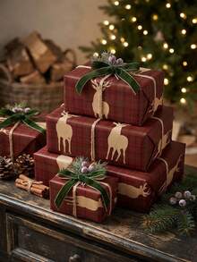 5m Christmas Vintage Red Plaid Reindeer Wrapping Paper Roll, Holiday Gift Box Wrapping Paper, Kraft Texture Plaid Reindeer Pattern Gift Wrapping Material, Christmas Party Handmade Decoration Large Roll Wrapping Paper, Party Table Decoration Handmade DIY Gift Wrapping Large Roll Wrapping Paper - Multicolor - View 5