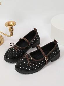 Vintage French Polka Dot Mary Jane Flat Shoes For Women, New Style With Single Strap - Black - View 3