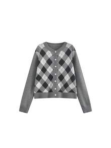 Vintage Plaid Round Neck Knitted Cardigan Women Autumn Korean Style Slimming Versatile Sweater Jacket - Grey - View 5
