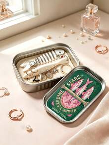 Retro Sardine‑Shaped Mini Jewelry Box, Fish‑Bone Divider Design With Snap Lock Closure, Portable Small Storage Case For Earrings Rings Necklaces, Vanity Dorm Desk Organizer, Cute Travel Accessory, Unique Gift For Girls Students - Multicolor - View 9