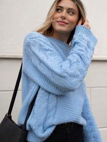 Women's Light Blue Round Neck Cable Knit Sweater, Loose Drop Shoulder Hollow Out Lazy Pullover Top, Autumn/Winter - Blue - View 2