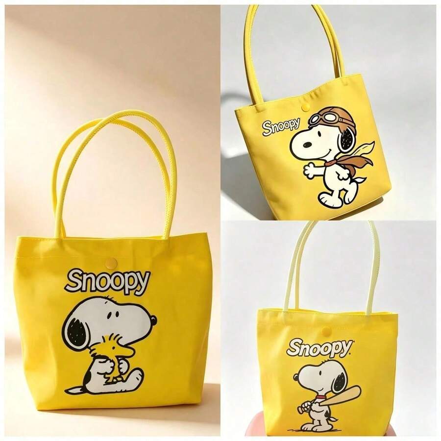 1pc Snoopy Print Yellow Canvas Tote Bag, Large Capacity, Suitable For Travel, Shopping And Daily Use, Perfect Gift For Birthday, Valentine's Day, Back To School And Graduation - A - View 1