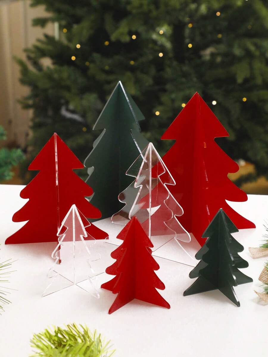 1pc Christmas Decorations Red Green Clear Christmas Tree Tabletop Ornaments, Modern 3D Layered Tree Shape, Mixed Size Standing Display, Festive Centerpiece For Mantel Shelf Desk Window Christmas Party Winter Home Decor