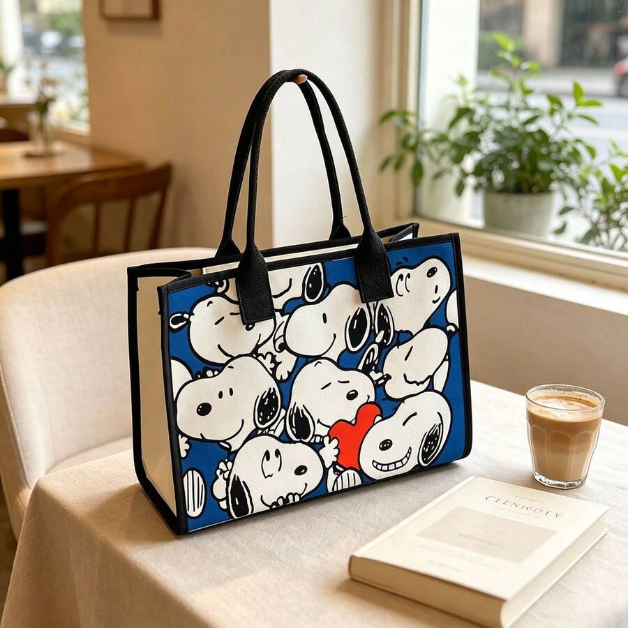 1pc Snoopy Print Yellow Canvas Tote Bag, Large Capacity, Suitable For Travel, Shopping And Daily Life, Ideal Gift For Birthday, Valentine's Day, Back To School And Graduation Season - View 1