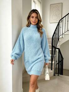 Women's High Neck Solid Color Lantern Sleeve Loose Knit Dress, French Elegant Style, Soft And Comfortable For Autumn/Winter, 2026 Fashion New Arrival - Baby Blue - View 10