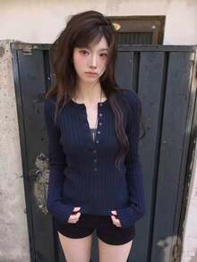 Autumn New Korean Style Slim Fit Button Knit Sweater, Versatile Long Sleeve Base Layer Top Vacation Fall - Navy Blue - View 1
