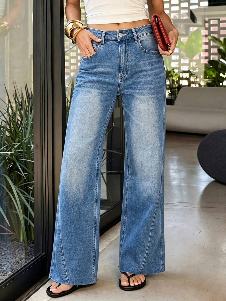 Women Mid‑Rise Straight Flare Jeans, Diagonal Side Seam Detail, Medium Wash Raw Frayed Unfinished Hem Stretch Denim Pants Casual - Medium Wash - View 1
