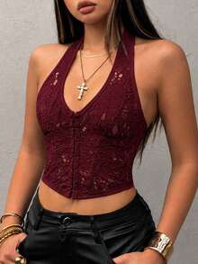 Elegant Sexy Lace Floral Embroidery Bustier Crop Top, Summer Backless Camisole With Steel Rings, Asymmetric Hem, Metal Eyelet Lace-Up, Suitable For Beach Vacation And Dance Festivals - Burgundy - View 5
