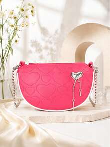 1pc Women's Heart Embossed Crescent Bag, Metal Heart Tassel Pendant Chain Crossbody Bag, Sweet Cool Style Contrast Edge Shoulder Small Bag - M1754 - View 3