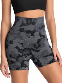 Women's High Waist Seamless Camouflage Knit Sports Shorts, Elastic Tummy Control Fitness Cycling Shorts - Black - View 1