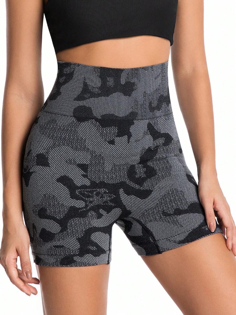 Women's High Waist Seamless Camouflage Knit Sports Shorts, Elastic Tummy Control Fitness Cycling Shorts - Black - View 1