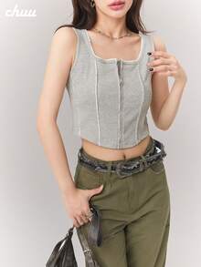 CHUU Sweet & Cool Slim Fit Tank Top For Women, Autumn Sweet Youthful Lace Patchwork Versatile Sleeveless Top - Grey - View 2