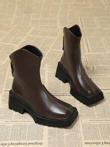 時尚方頭厚底後拉鍊女款短靴，秋冬新款中筒棕色靴 - 棕色 - 查看 3
