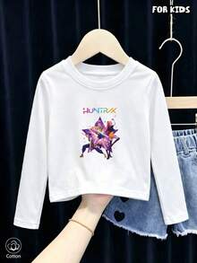 Barns långärmad t-shirt med rund hals, färgglatt geometriskt tryck och grafik, mjuk och andningsbar casual passform för vår/höst, dagligt bruk eller lager-på-lager - Vitt - Visa 2