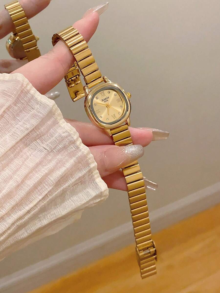 1件女款圓形石英手錶,金色錶盤搭配混合時標,時尚優雅設計,適合日常配戴 - 金色 - 查看 1