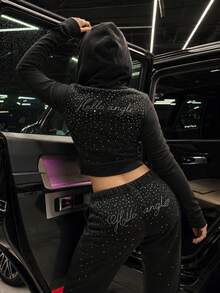Halloween Y2K 2 Pieces Sports Set, Letter Rhinestone Zipper Hoodie + High-Waist Straight Leg Sweatpants, Slim Fit Streetwear Sports Outfit - Black - View 2