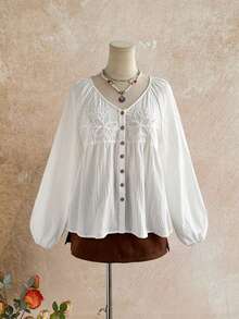 Rusttydustty Women's White Pure Cotton Vintage French Bohemian Style Doll Blouse, Embroidered Patchwork Hollow Design, Suitable For Autumn, Halloween - White - View 4