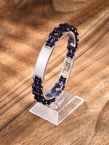 1pc Men's Stainless Steel Motorcycle Style Bracelet, Bicycle Chain ID Bar Design, Daily Wear, Birthday Gift For Father, Husband - Multicolor - View 4