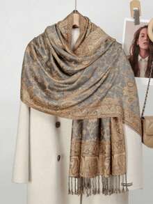 3pcs Women's Paisley Flower Pattern Fashion Warm Printed Scarves, Classic Pelisse Headscarf And Robe Matching Shawl Headscarf - Camel - View 3